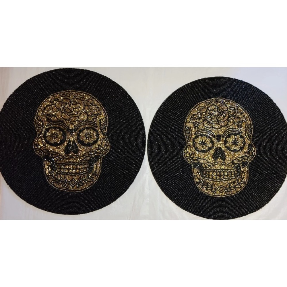 2x Tahari Halloween Gold Skull Face Beaded Placemat Centerpiece Charger 15" Set